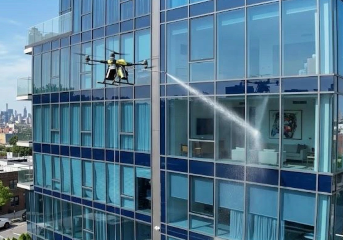Drone spraying water onto the glass facade of a high-rise apartment building