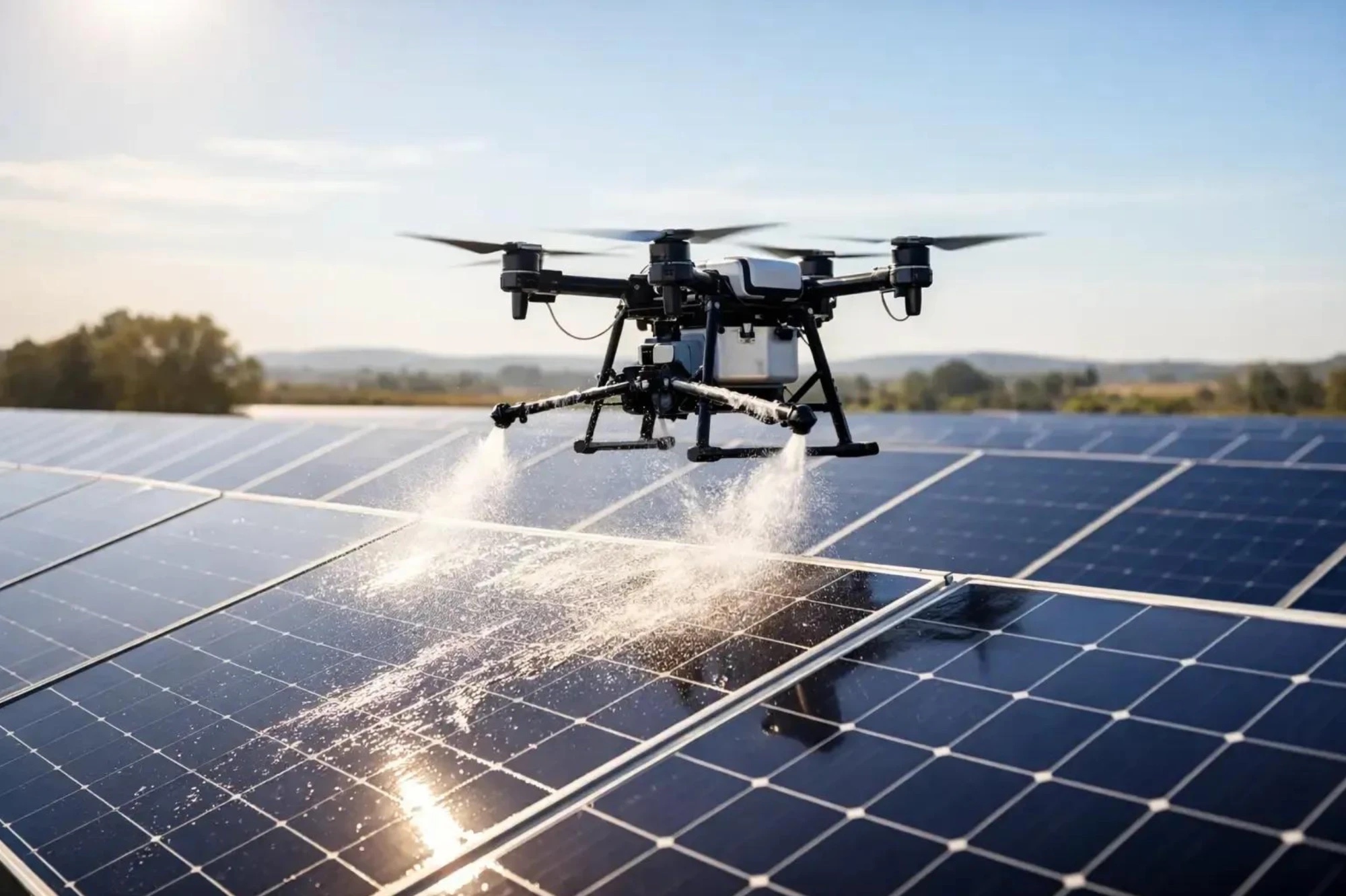 Drone spraying water across rows of solar panels