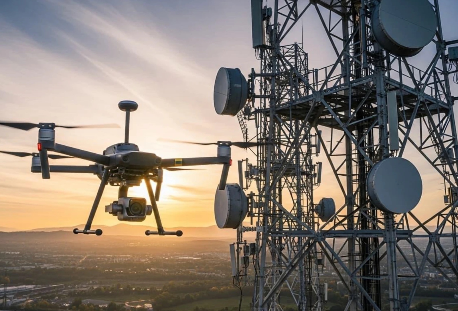 Industrial drone flying beside a telecom tower at sunset